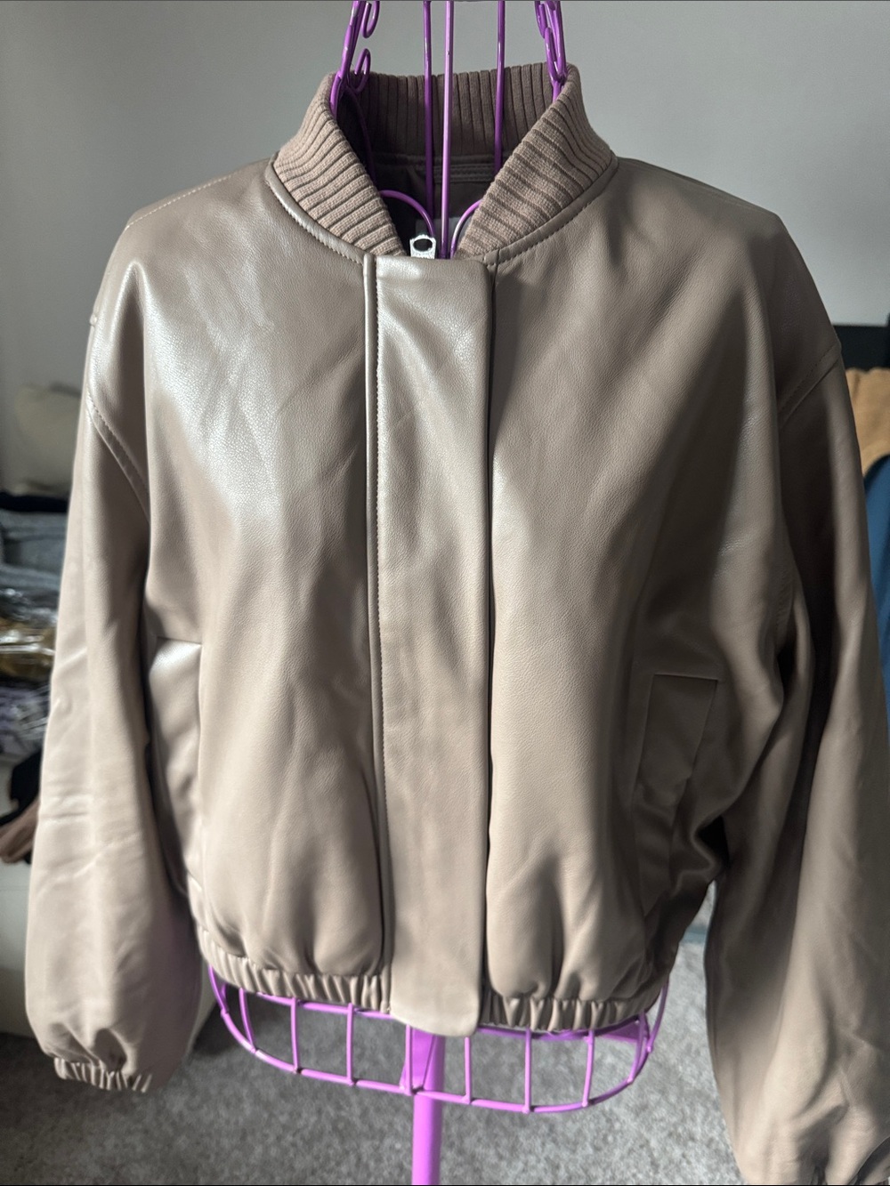 Abercrombie & Fitch Taupe Faux Leather Bomber Jacket - Picture 3 of 7